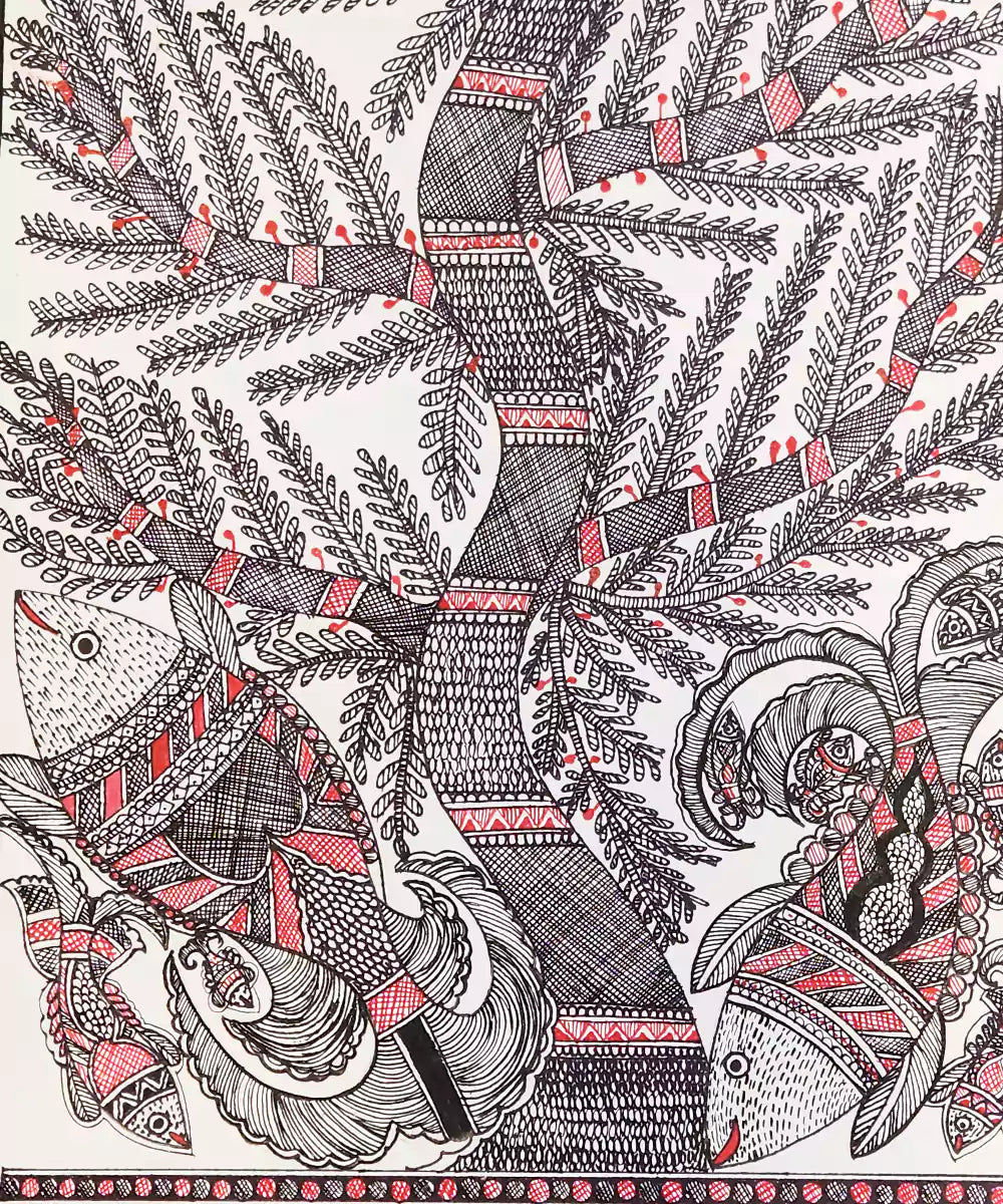Madhubani Hand Painting on Paper | Tree with fishes | 10x30 Inches (Unframed) |SHOBITAM