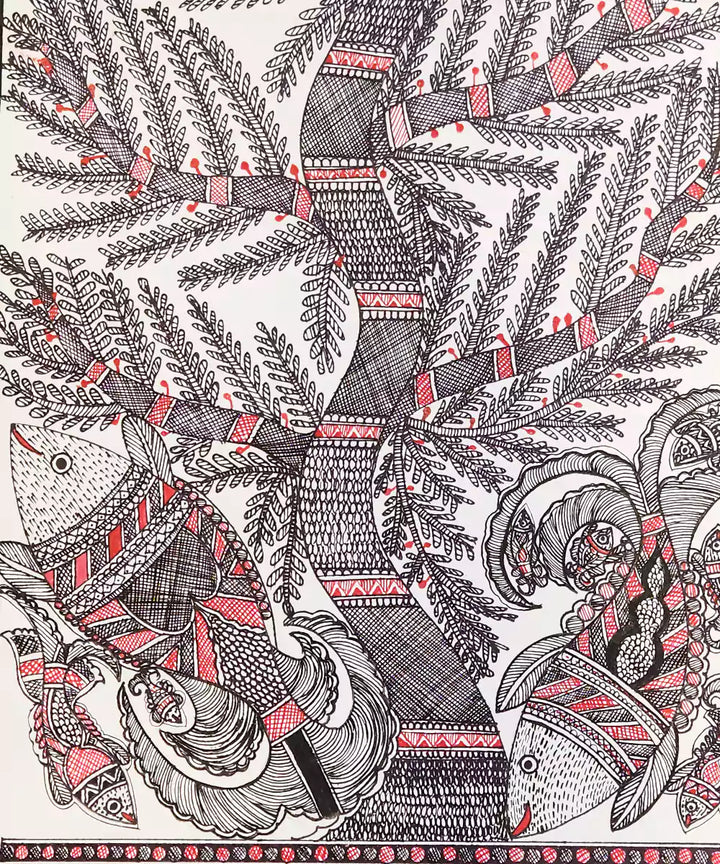 Madhubani Hand Painting on Paper | Tree with fishes | 10x30 Inches (Unframed) |SHOBITAM