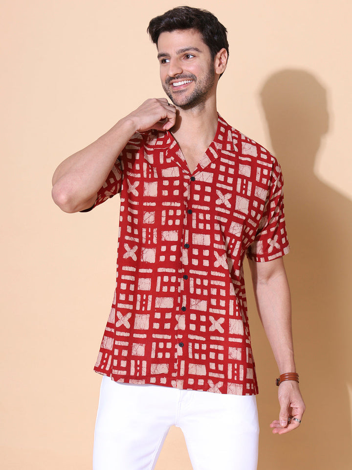 Brick Red Ajrakh Dabu Mud Resist Print Cotton Shirt for Men