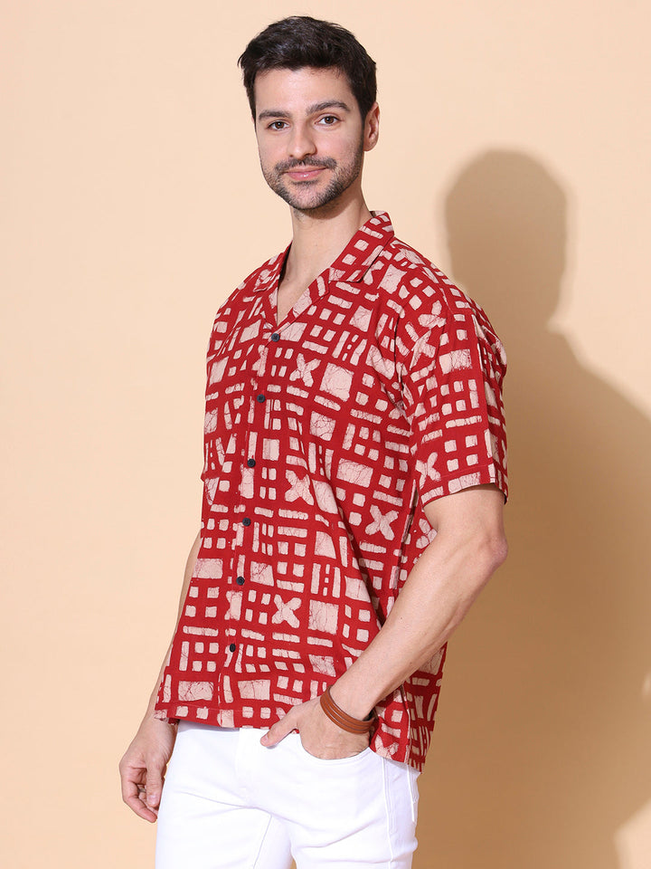 Brick Red Ajrakh Dabu Mud Resist Print Cotton Shirt for Men