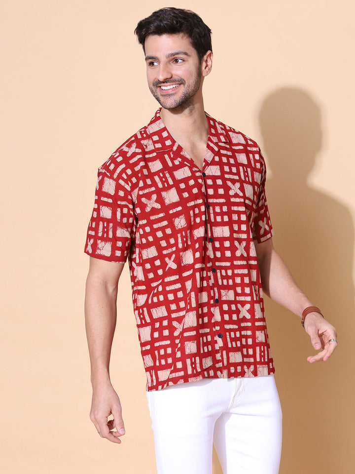 Brick Red Ajrakh Dabu Mud Resist Print Cotton Shirt for Men