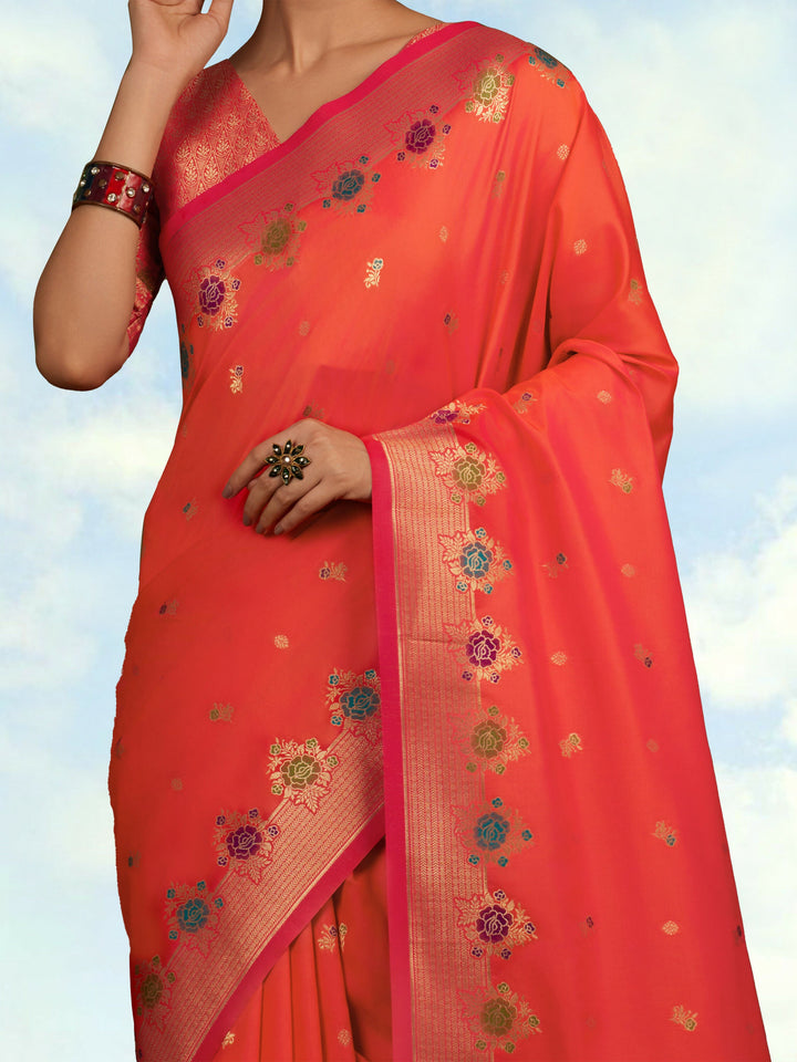 Dark Peach Semi Banarasi Silk Blend Saree With Zari Woven Work | SHOBITAM