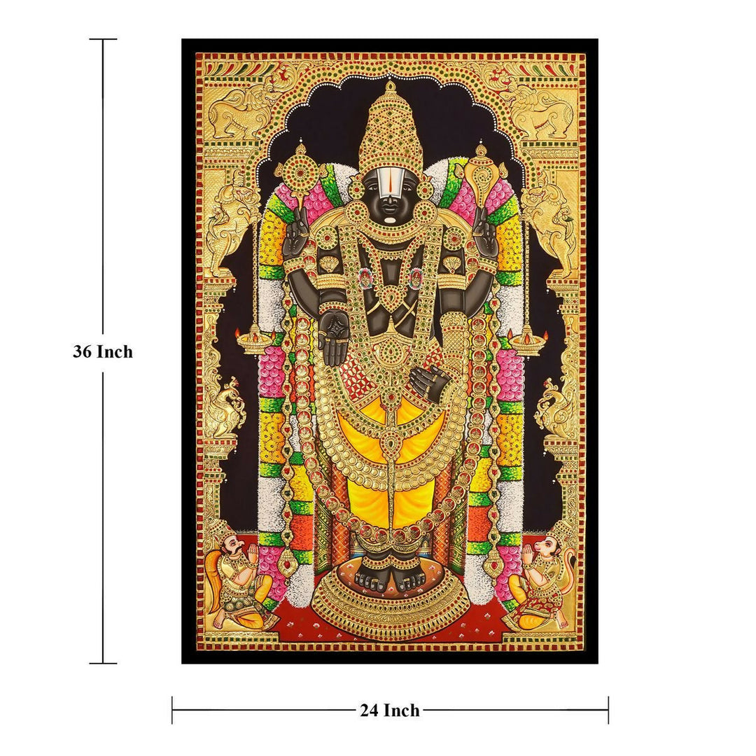 26*34 Authentic TANJORE PAINTING BALAJI With 22 Ct gold Foil and Jaipur Gemstones,Unframed | SHOBITAM