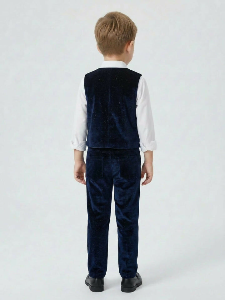 Boys Formal Blue Waistcoat Suit Set with Shirt, Trousers and Bow Tie | SHOBITAM