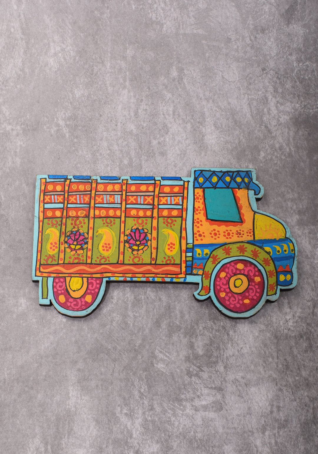 10 Pack, Madhubani Handpainted Colorful  Indian Truck Fridge Magnets with Zari Cloth Bag, Festive Favors