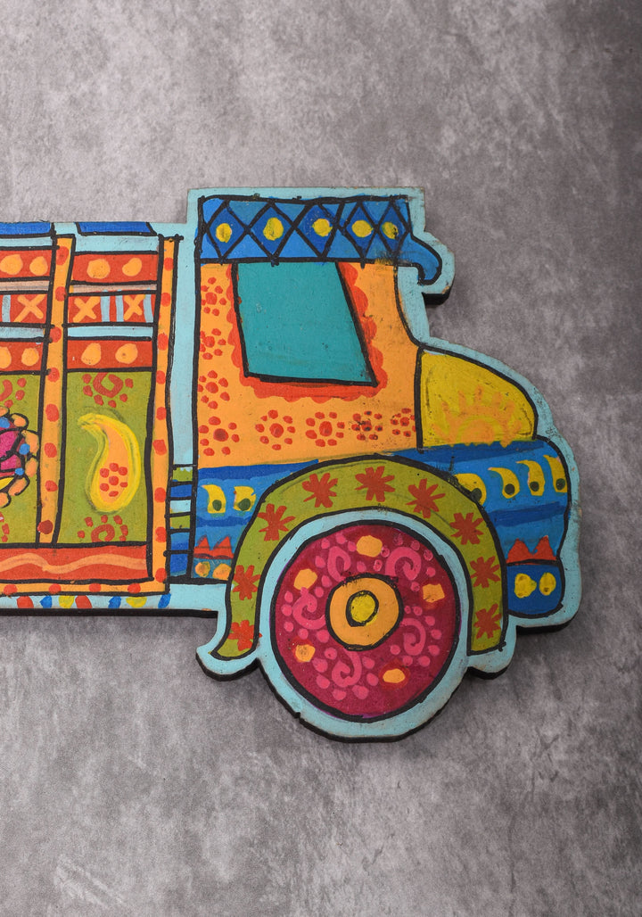 10 Pack, Madhubani Handpainted Colorful  Indian Truck Fridge Magnets with Zari Cloth Bag, Festive Favors