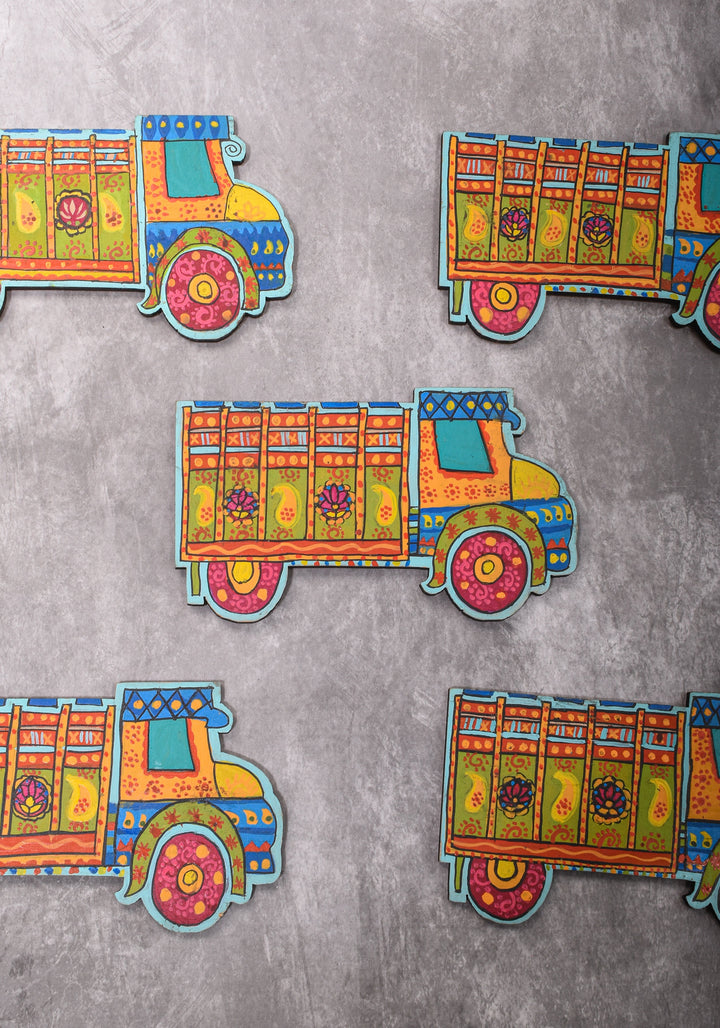 10 Pack, Madhubani Handpainted Colorful  Indian Truck Fridge Magnets with Zari Cloth Bag, Festive Favors