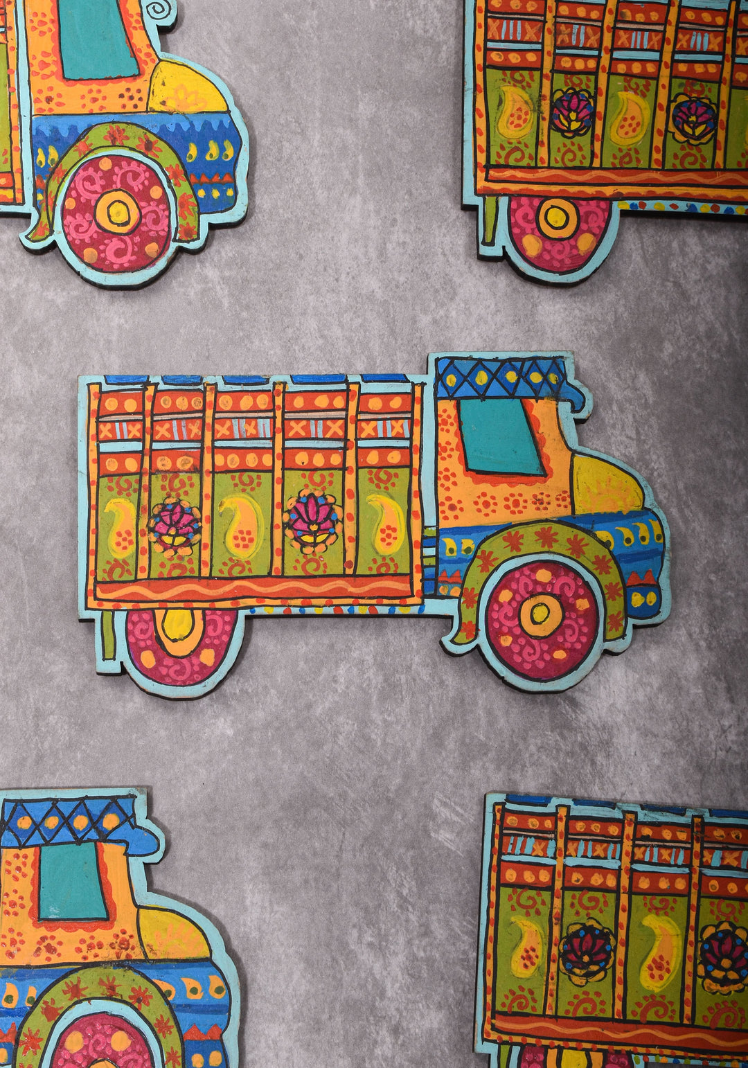10 Pack, Madhubani Handpainted Colorful  Indian Truck Fridge Magnets with Zari Cloth Bag, Festive Favors