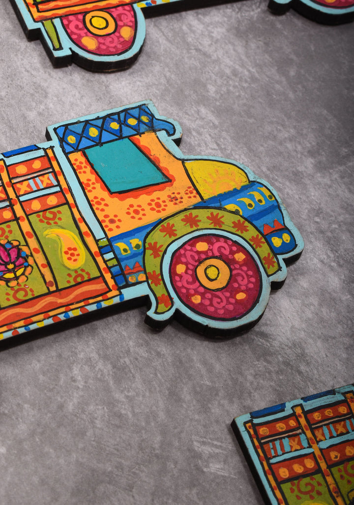 10 Pack, Madhubani Handpainted Colorful  Indian Truck Fridge Magnets with Zari Cloth Bag, Festive Favors