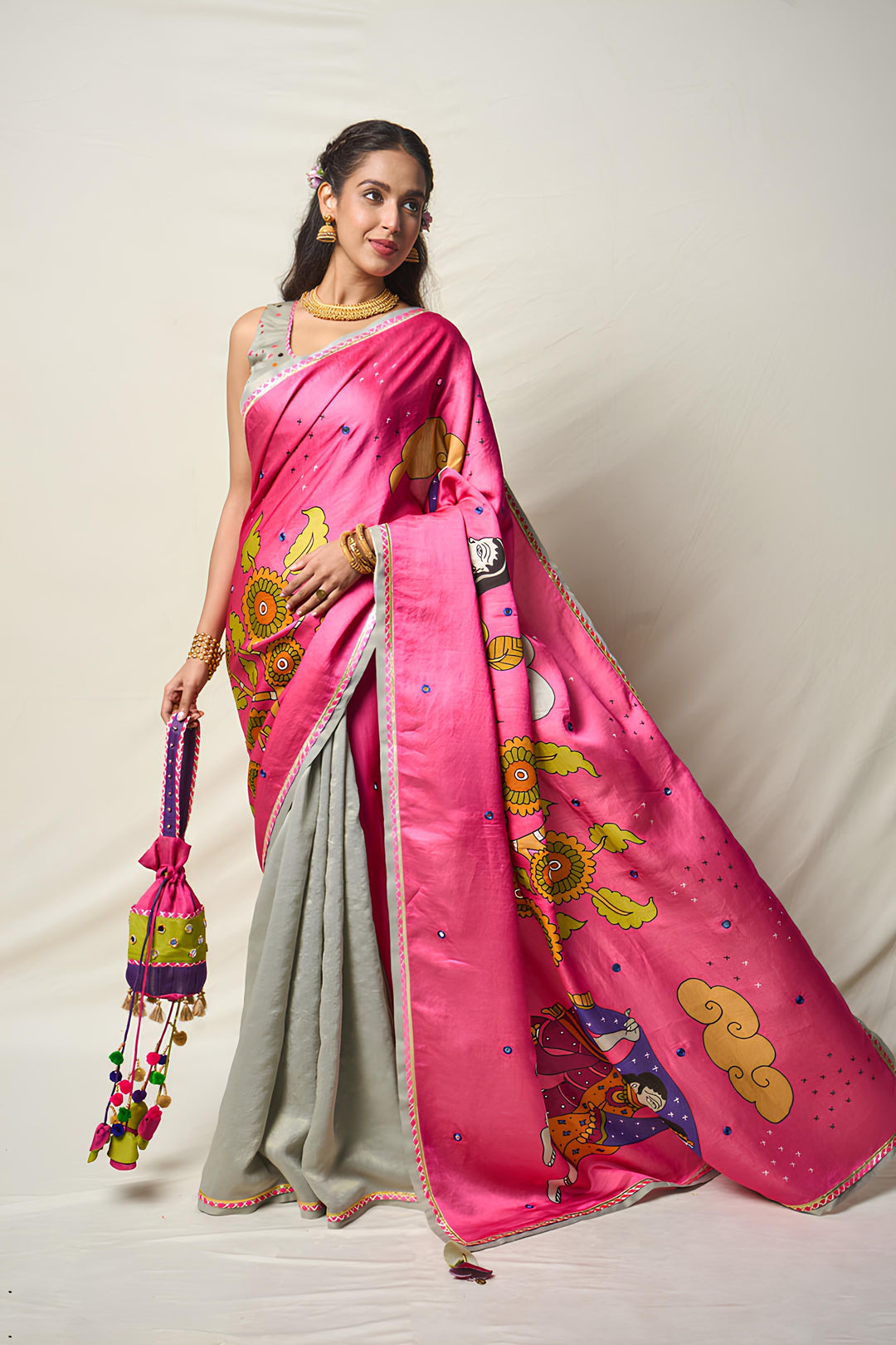 TRI COLOR PINK MIRROR POTLI | SHOBITAM