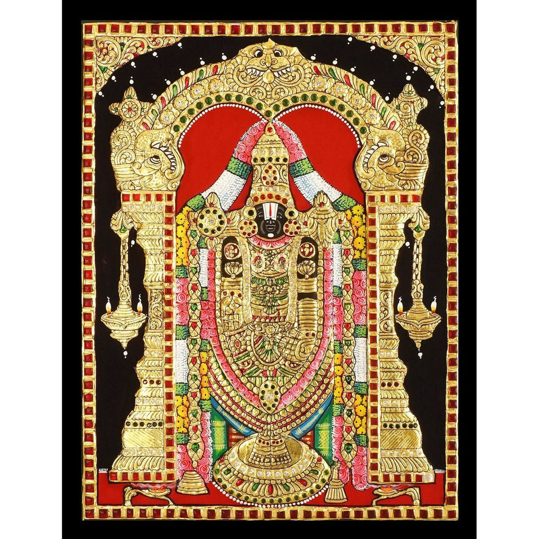 14*18 Authentic TANJORE PAINTING BALAJI With 22 Ct gold Foil and Jaipur Gemstones Unframed | SHOBITAM