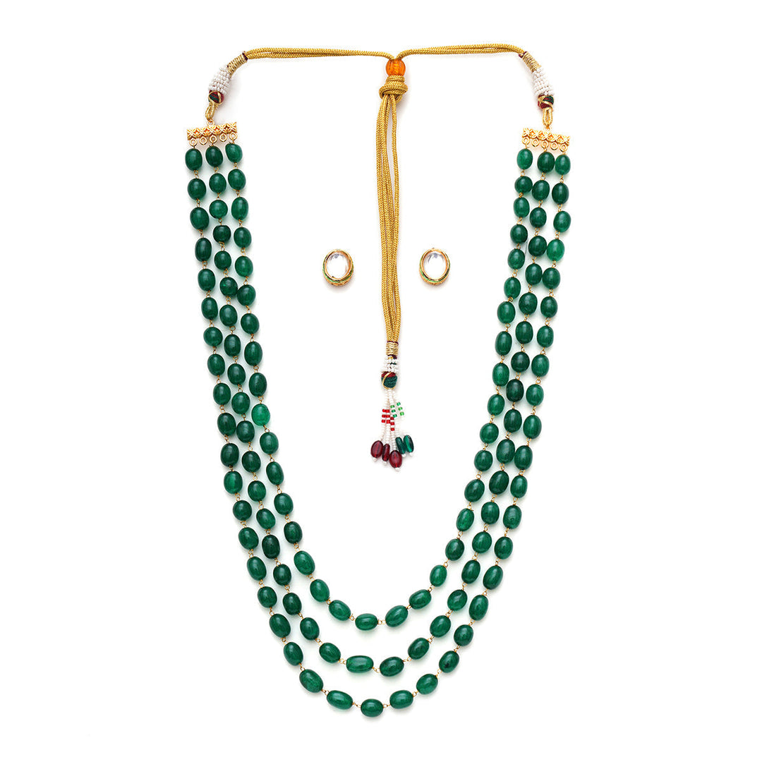 Long Layered Green Neckpiece with Kundan Studs | SHOBITAM