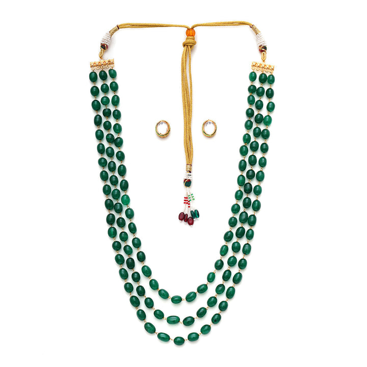 Long Layered Green Neckpiece with Kundan Studs | SHOBITAM