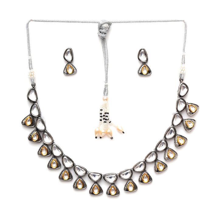 Dual Tone Kundan Neckpiece with Earrings | SHOBITAM