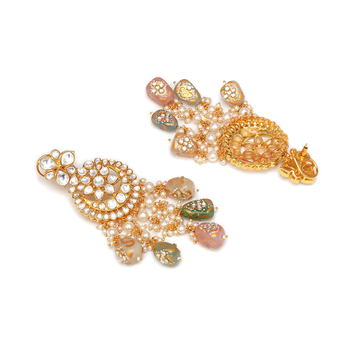 Long Kundan Neckpiece with Earrings & Maang Tikka with Multi Stones | SHOBITAM