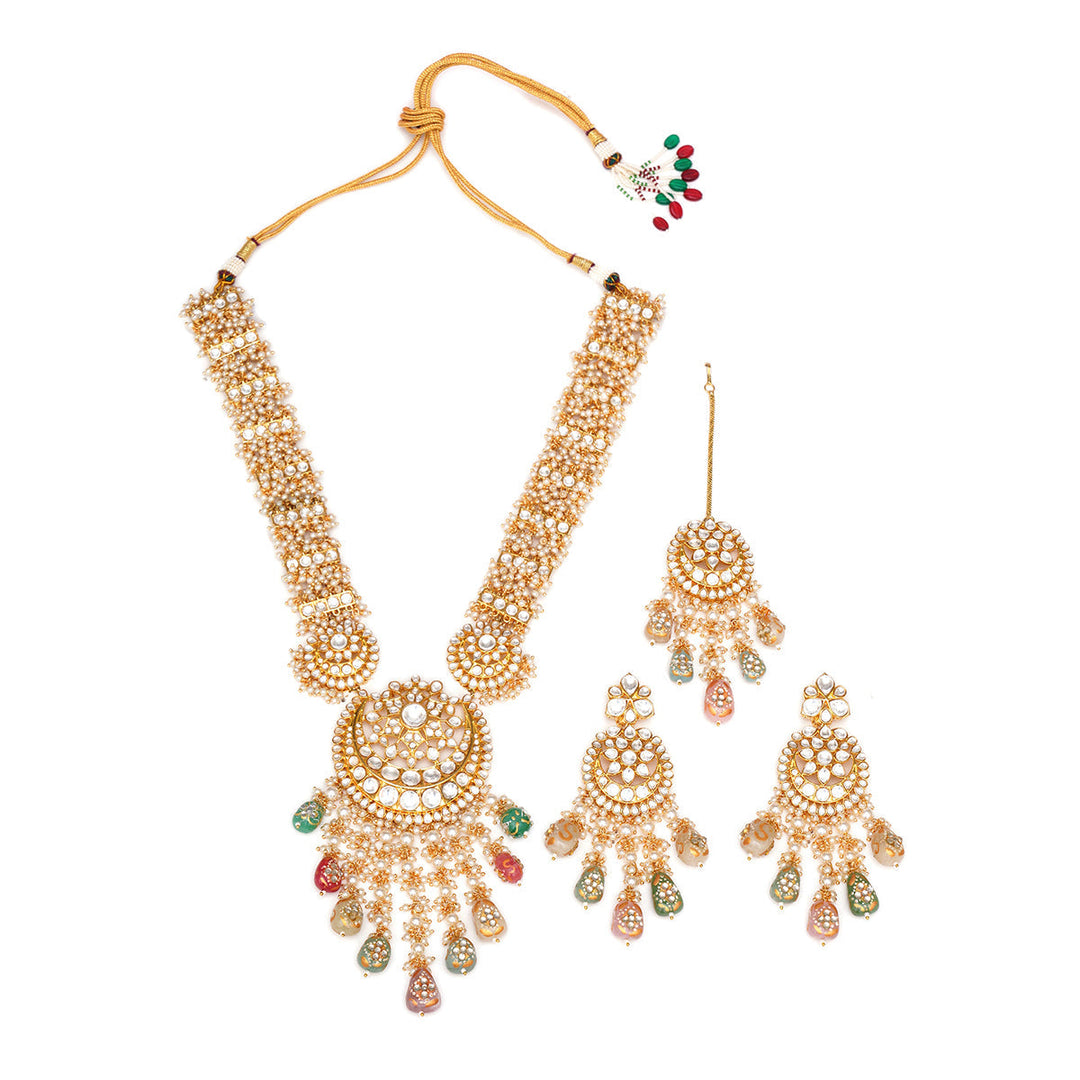Long Kundan Neckpiece with Earrings & Maang Tikka with Multi Stones | SHOBITAM