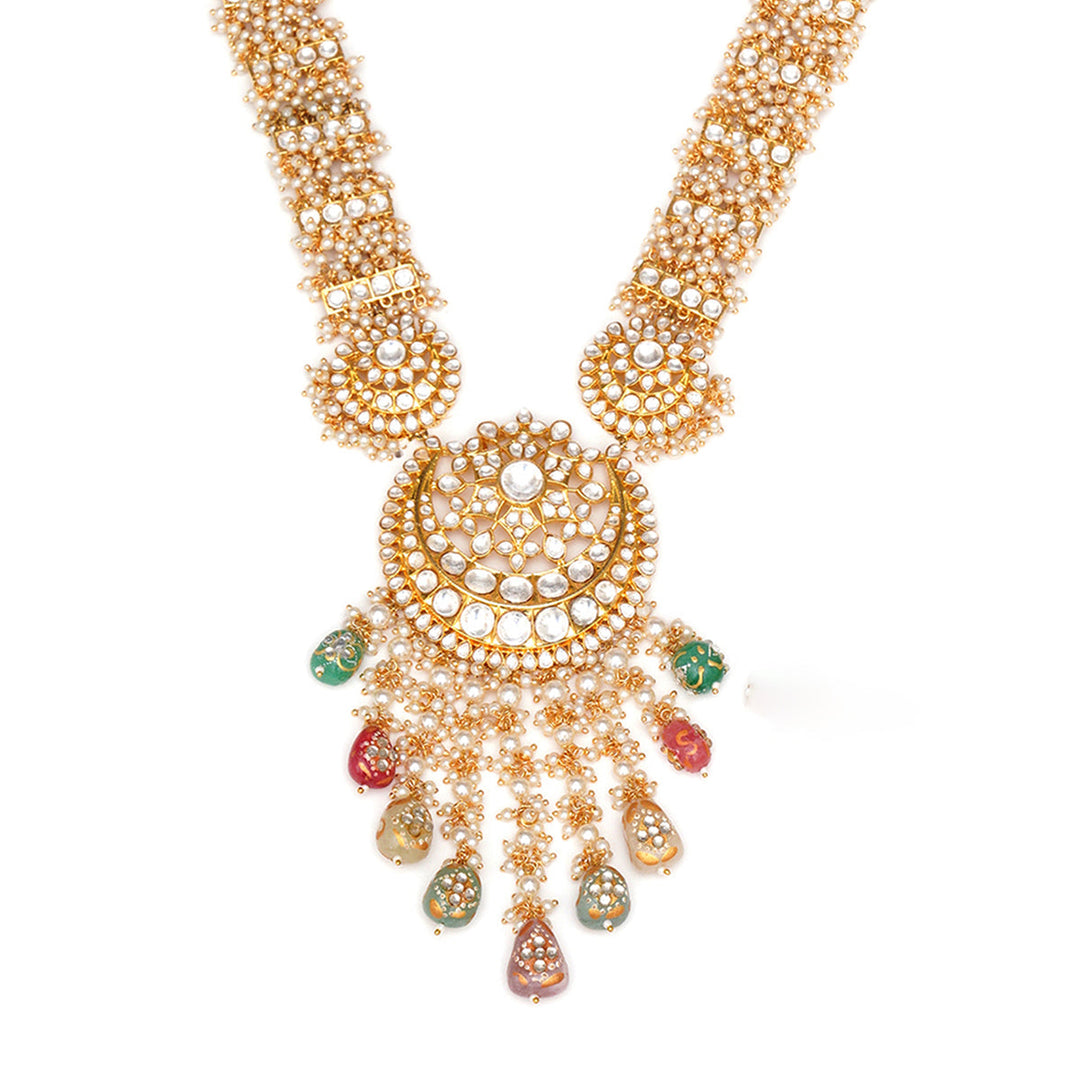 Long Kundan Neckpiece with Earrings & Maang Tikka with Multi Stones | SHOBITAM
