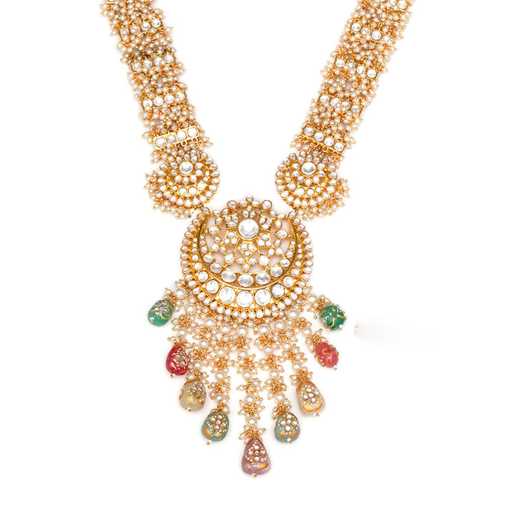 Long Kundan Neckpiece with Earrings & Maang Tikka with Multi Stones | SHOBITAM