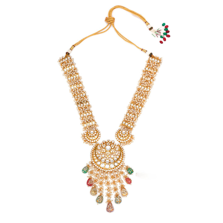 Long Kundan Neckpiece with Earrings & Maang Tikka with Multi Stones | SHOBITAM