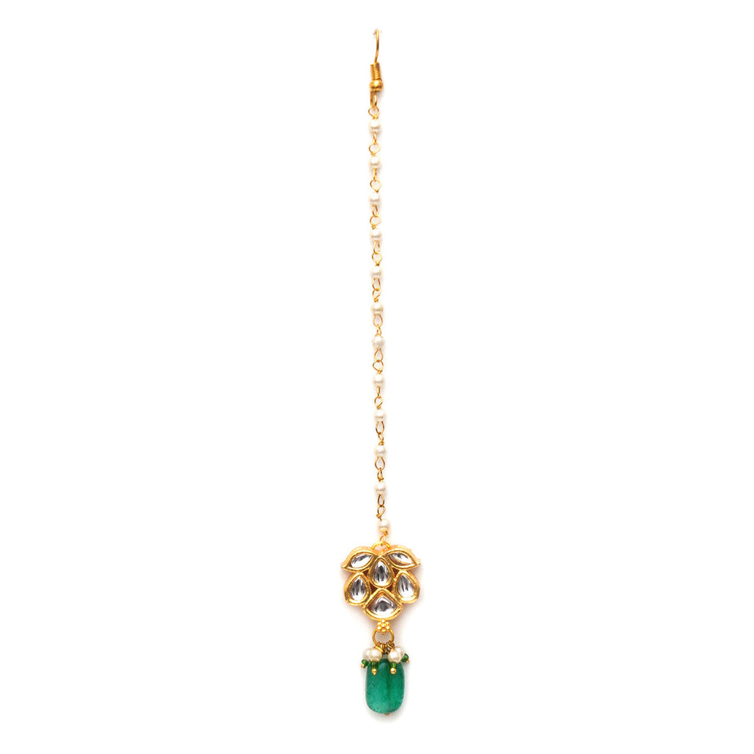 Women's Kundan Maang Tikka with Green Drop | SHOBITAM