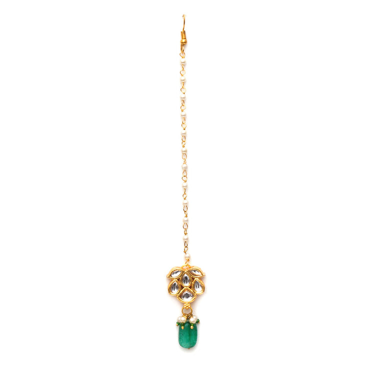 Women's Kundan Maang Tikka with Green Drop | SHOBITAM