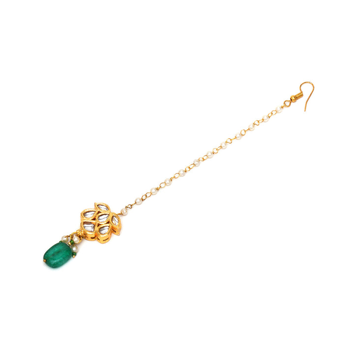 Women's Kundan Maang Tikka with Green Drop | SHOBITAM