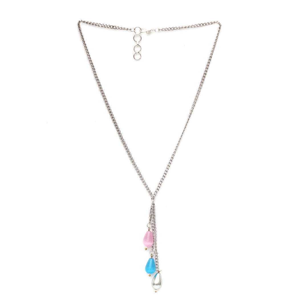 Long Silver Neckpiece with Multi Stones | SHOBITAM