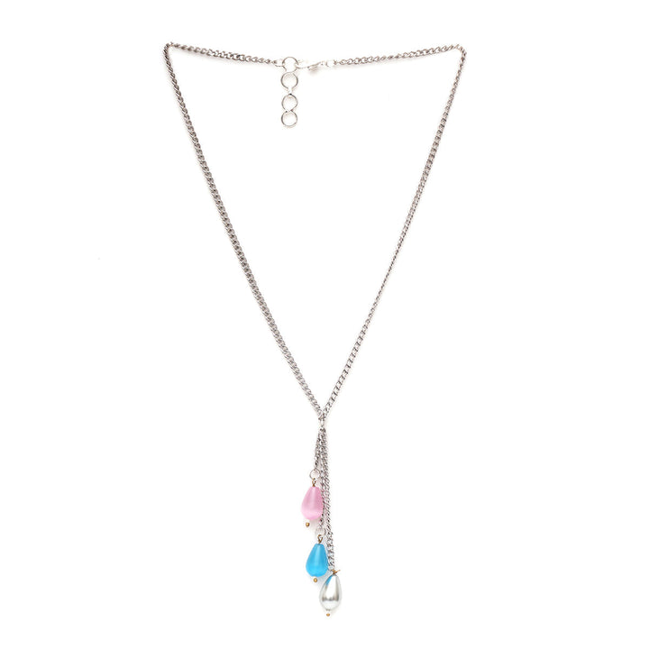 Long Silver Neckpiece with Multi Stones | SHOBITAM