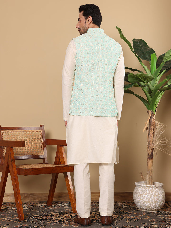 Men's Woven Design See Green Embroidered Nehru Jacket | SHOBITAM