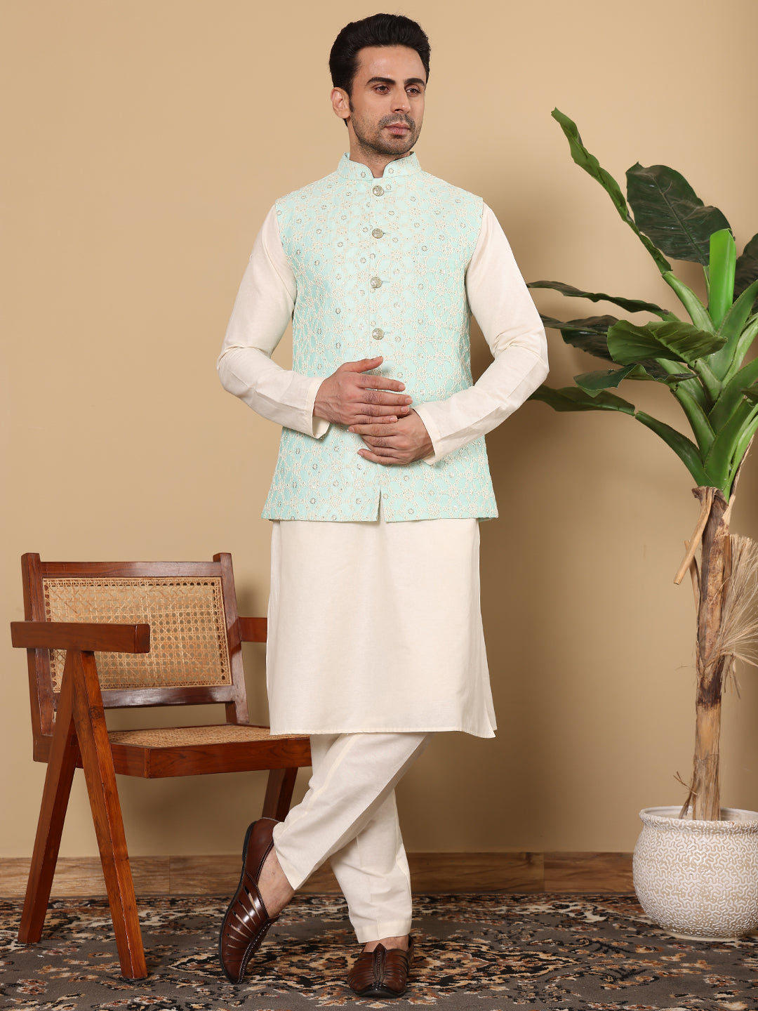 Men's Woven Design See Green Embroidered Nehru Jacket | SHOBITAM