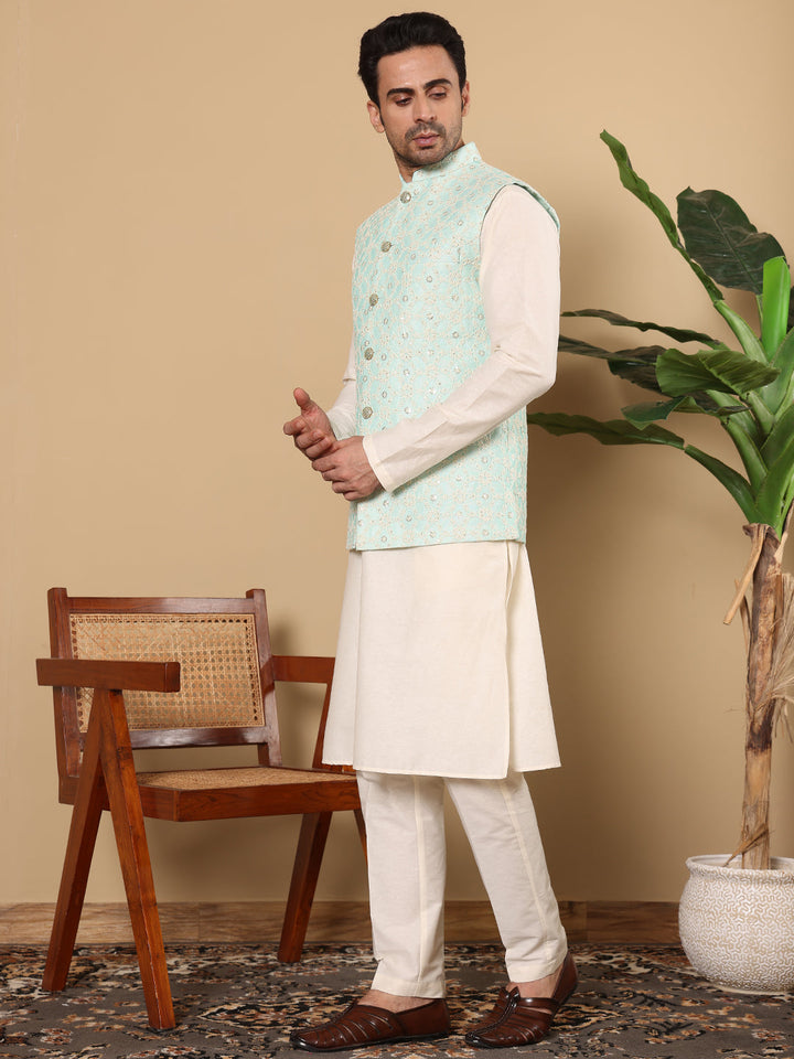 Men's Woven Design See Green Embroidered Nehru Jacket | SHOBITAM