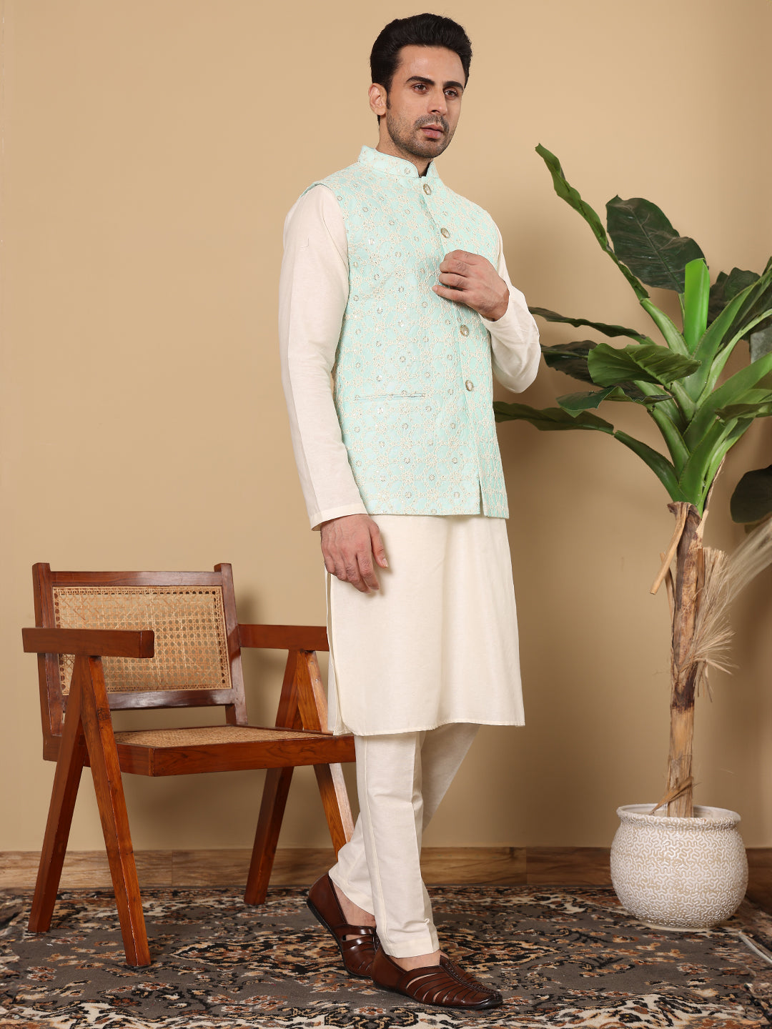 Men's Woven Design See Green Embroidered Nehru Jacket | SHOBITAM