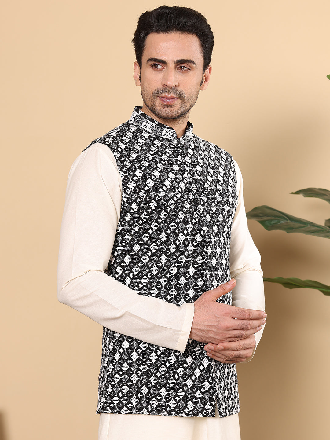 Men's Woven Design Black and White Embroidered Nehru Jacket | SHOBITAM
