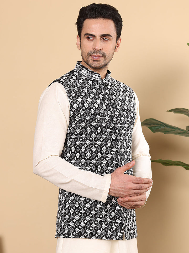 Men's Woven Design Black and White Embroidered Nehru Jacket | SHOBITAM