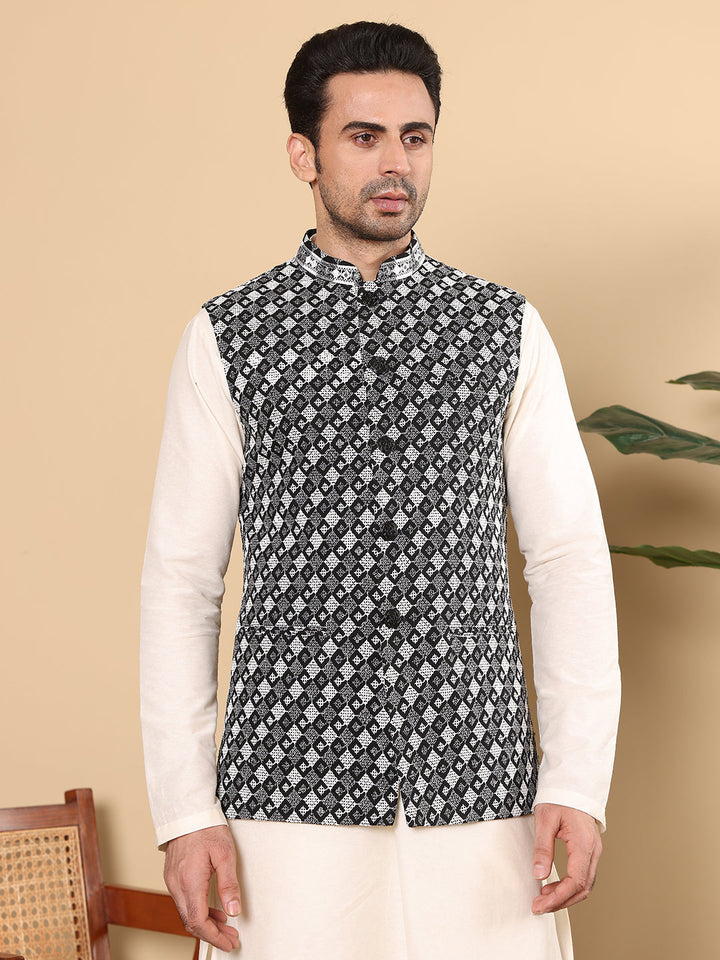 Men's Woven Design Black and White Embroidered Nehru Jacket | SHOBITAM