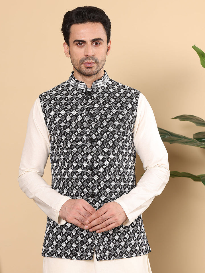 Men's Woven Design Black and White Embroidered Nehru Jacket | SHOBITAM