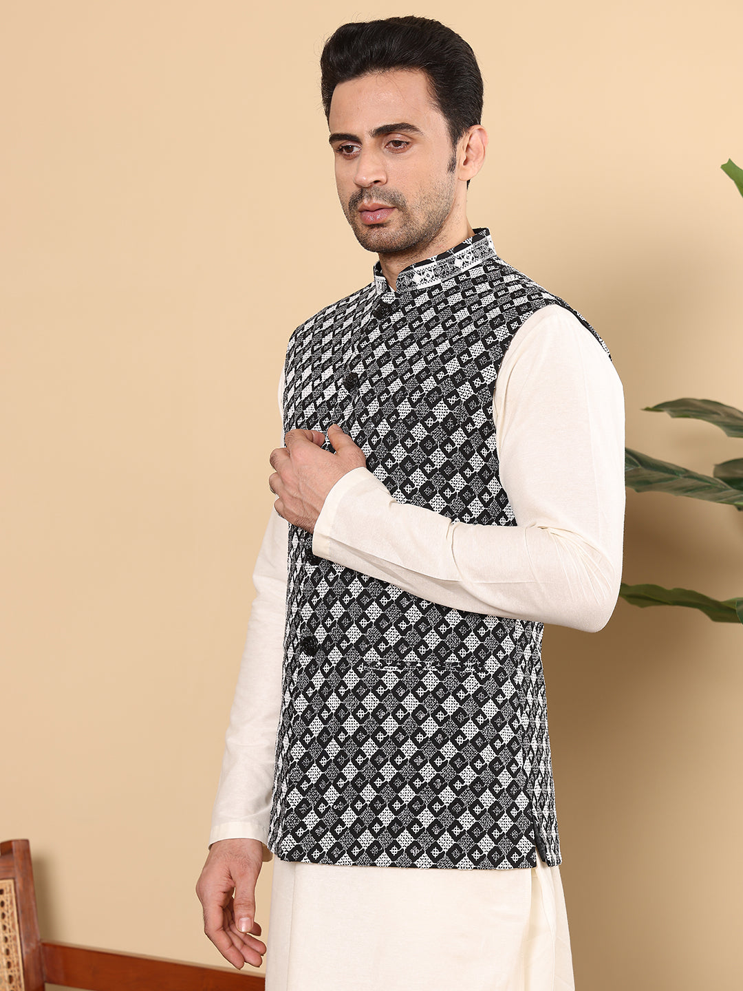 Men's Woven Design Black and White Embroidered Nehru Jacket | SHOBITAM