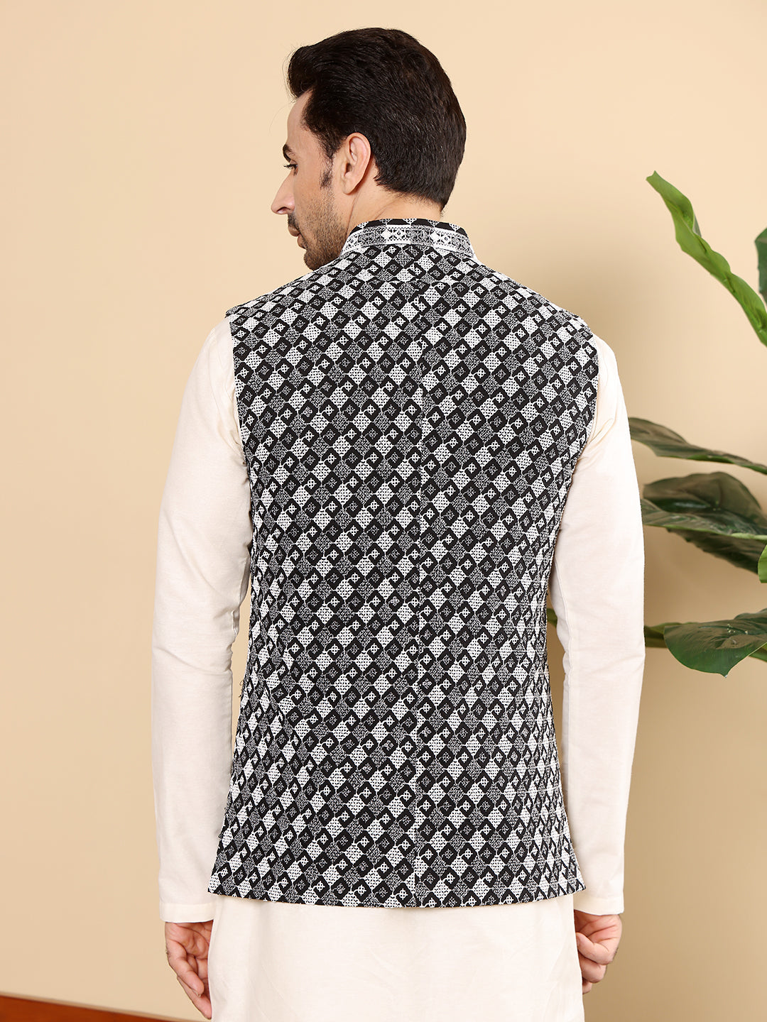 Men's Woven Design Black and White Embroidered Nehru Jacket | SHOBITAM