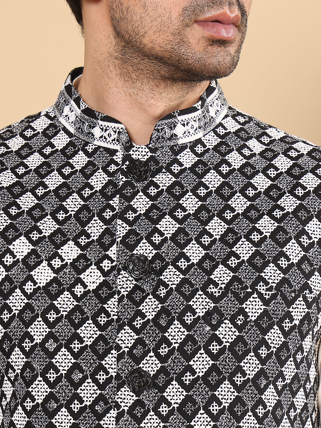 Men's Woven Design Black and White Embroidered Nehru Jacket | SHOBITAM