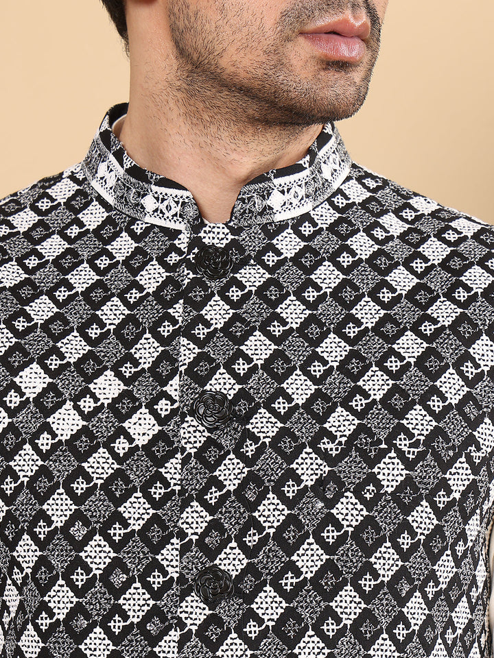 Men's Woven Design Black and White Embroidered Nehru Jacket | SHOBITAM