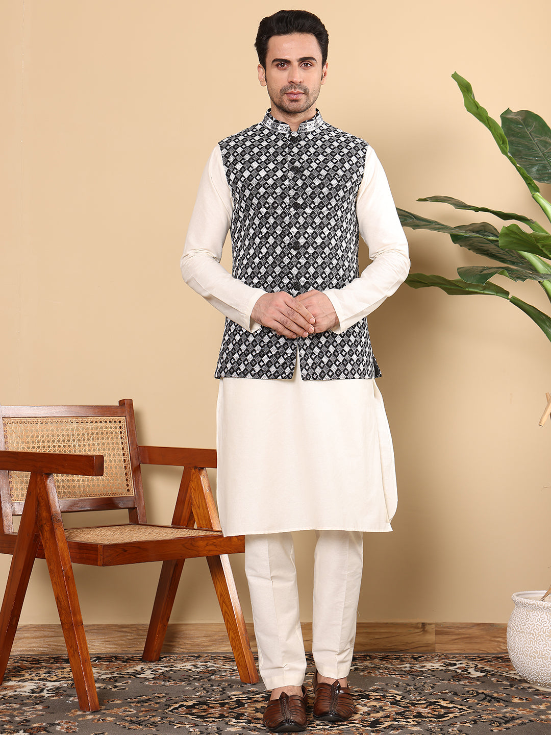 Men's Woven Design Black and White Embroidered Nehru Jacket | SHOBITAM