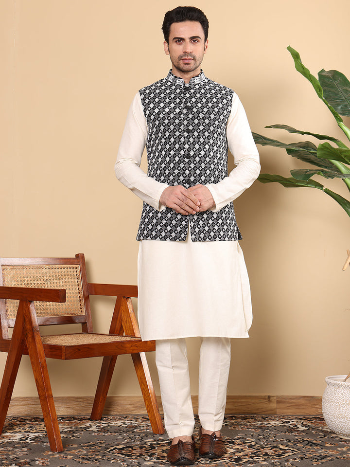 Men's Woven Design Black and White Embroidered Nehru Jacket | SHOBITAM