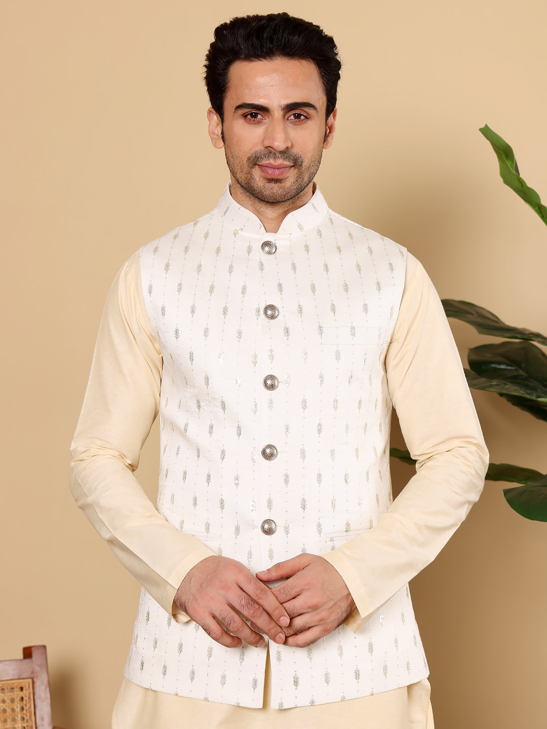 Men's Woven Design White Embroidered Nehru Jacket | SHOBITAM