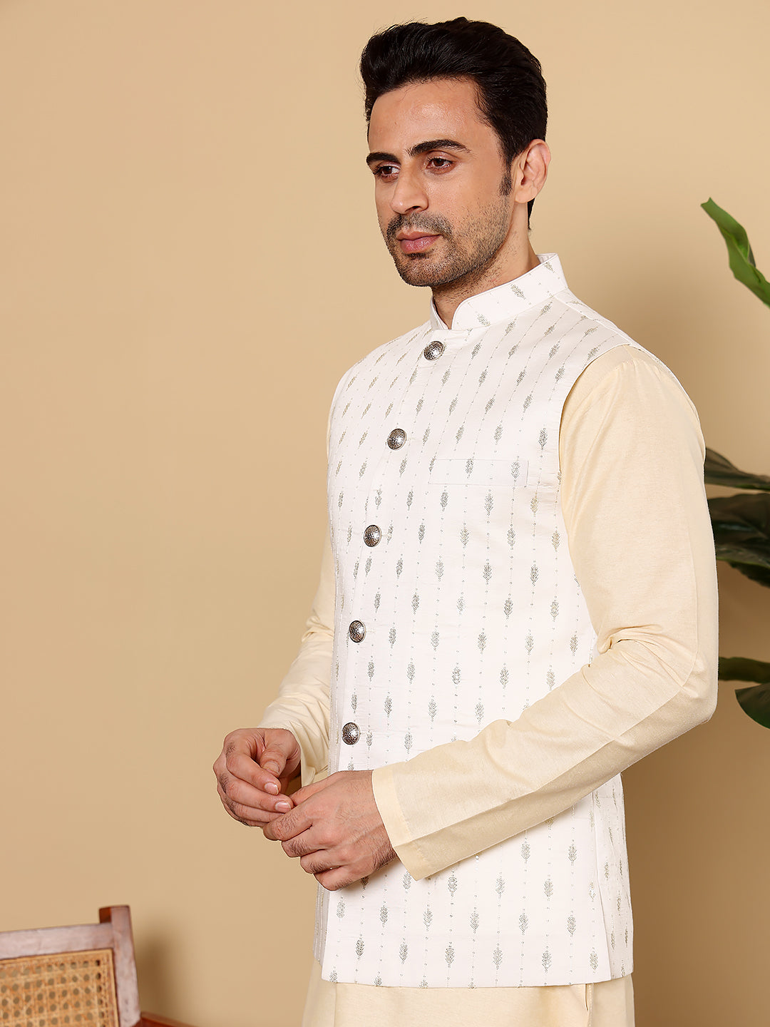 Men's Woven Design White Embroidered Nehru Jacket | SHOBITAM