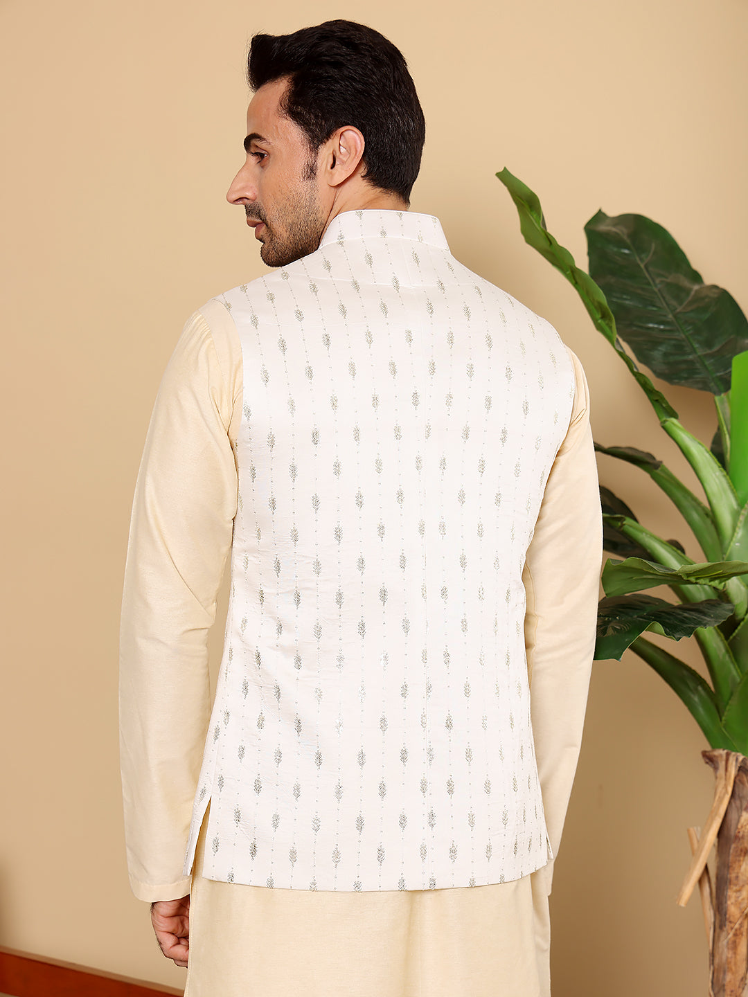 Men's Woven Design White Embroidered Nehru Jacket | SHOBITAM