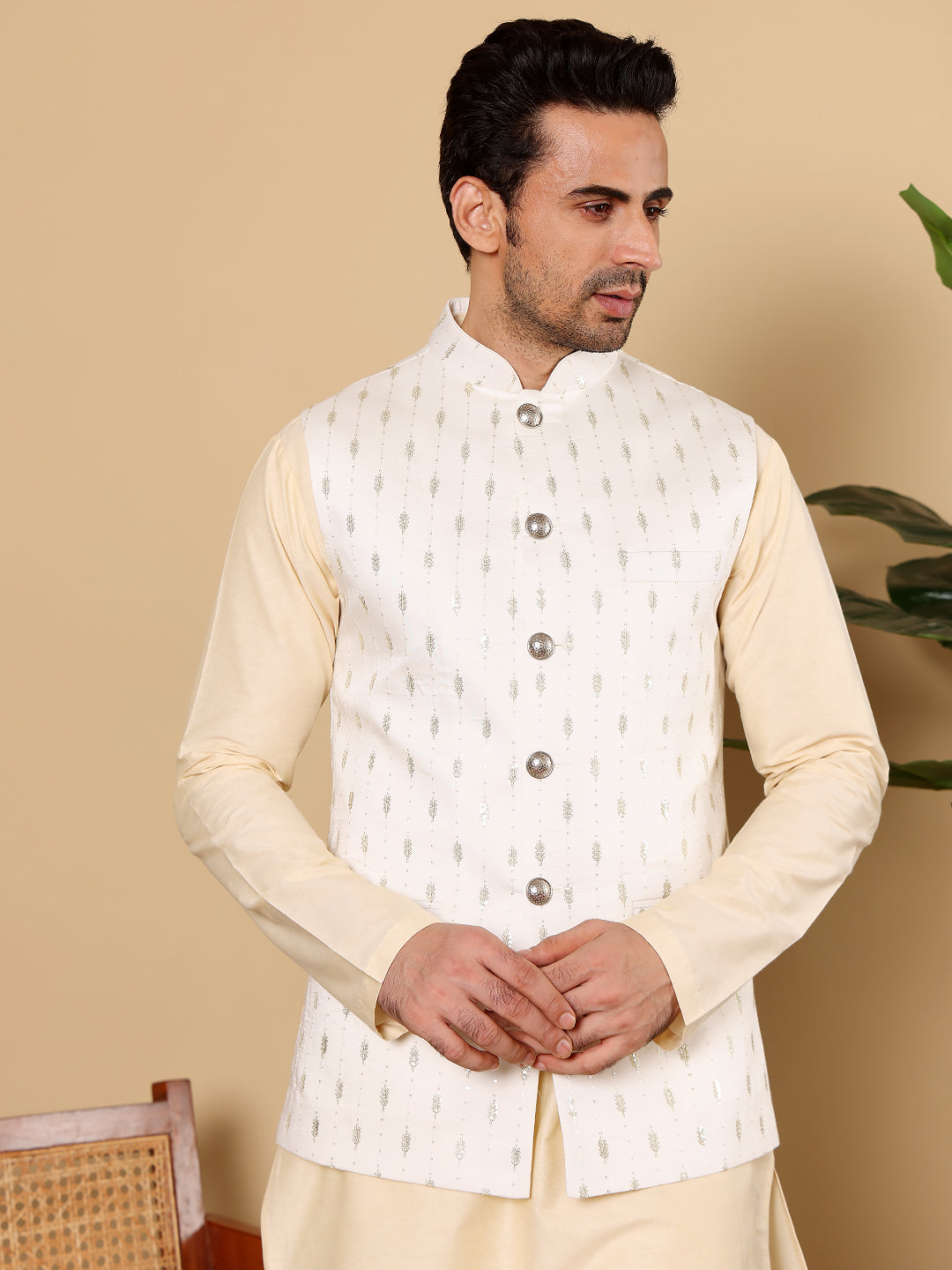 Men's Woven Design White Embroidered Nehru Jacket | SHOBITAM