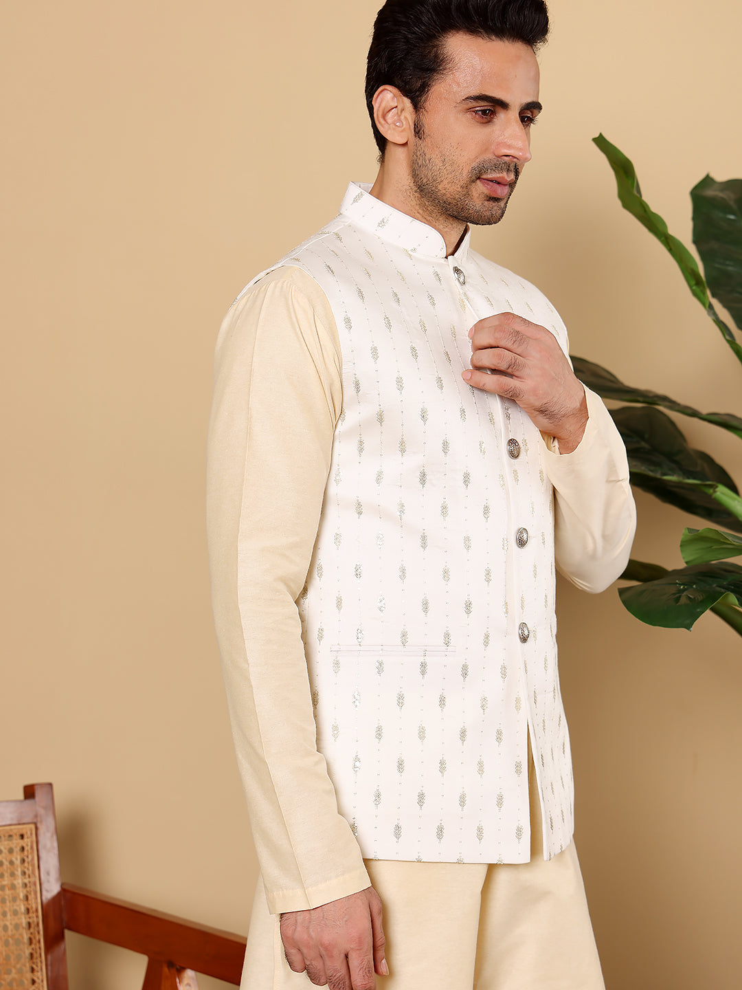Men's Woven Design White Embroidered Nehru Jacket | SHOBITAM