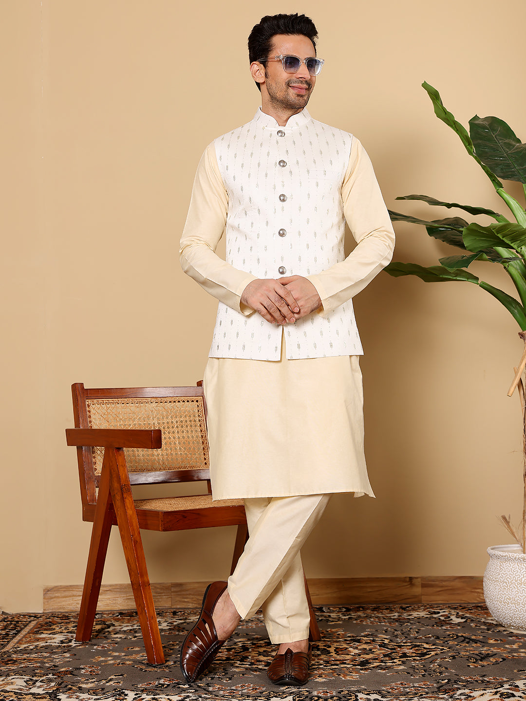 Men's Woven Design White Embroidered Nehru Jacket | SHOBITAM