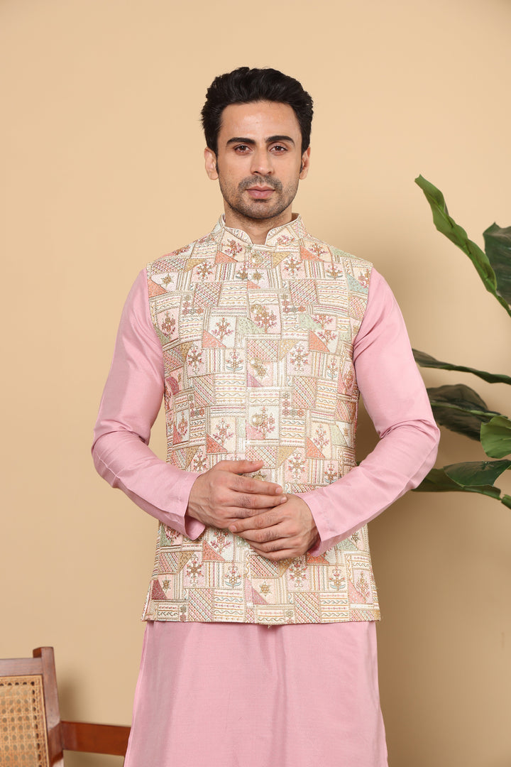 Men's Woven Design Multi-Colour Embroidered Nehru Jacket | SHOBITAM