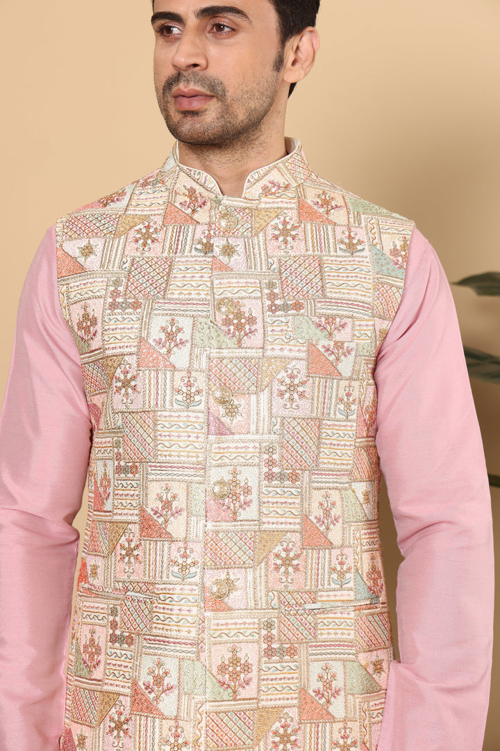 Men's Woven Design Multi-Colour Embroidered Nehru Jacket | SHOBITAM